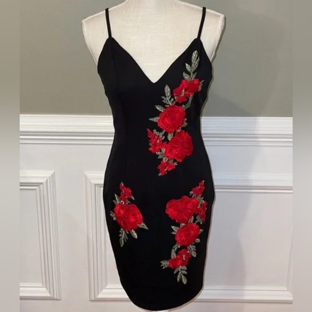 Charlotte Russe Black Midi Dress with Red Floral Design